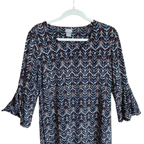 CHICO'S  Knit Trapeze Dress in Cool Multi Blue White Mauve Midi - Picture 2 of 8